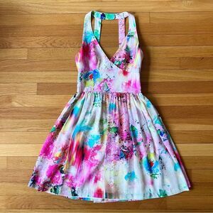 Amanda Uprichard Pink Blue Colorful Floral Silk Halter Cocktail Dress Petite